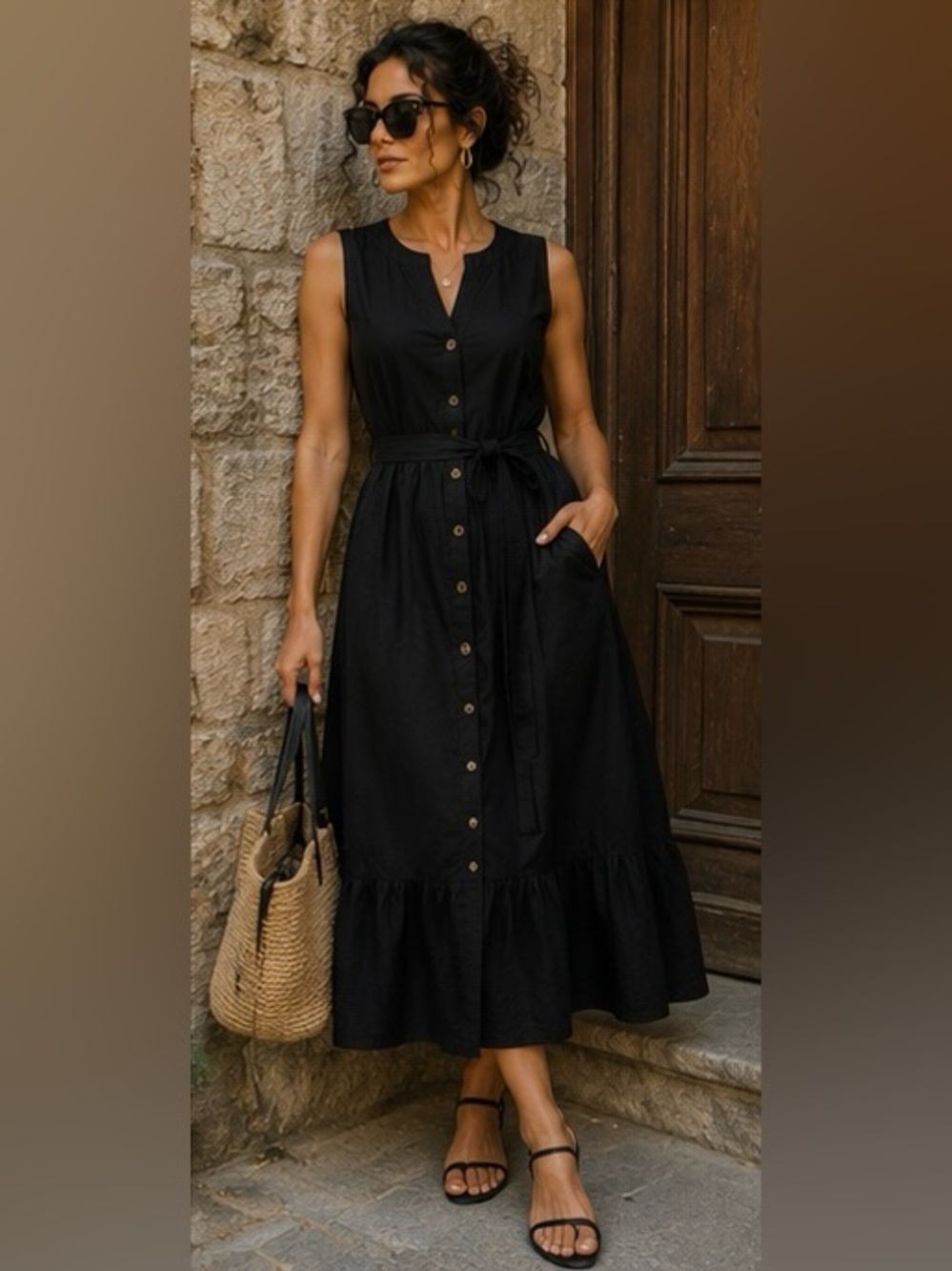 Calvin Klein Black Button Front Midi Dress Size 8 100% Cotton Belted Pockets